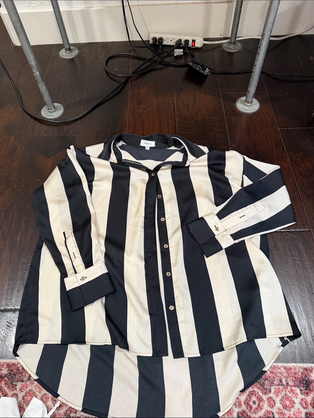 Striped Button-Down Blouse in Black & Cream